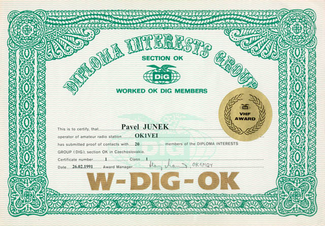 Diplom W-DIG-OK vydávaný českou sekcí DIG